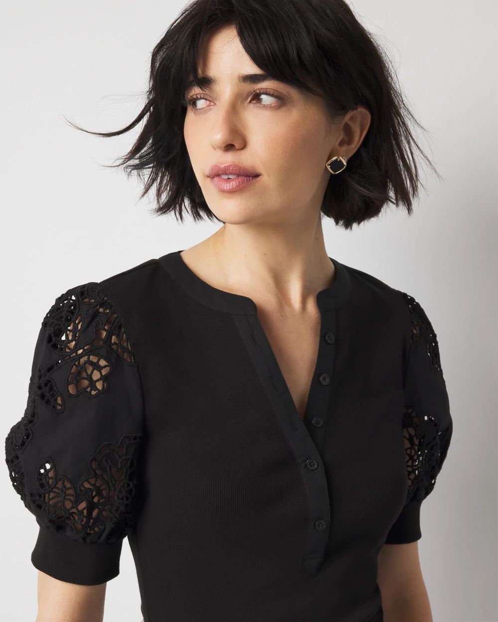 Eyelet Puff Sleeve Henley Top