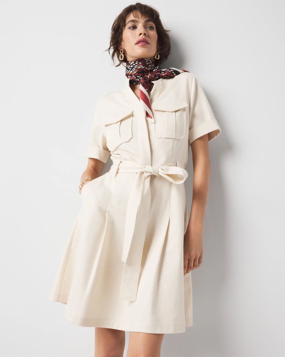 Cotton Twill Tie-Belt Mini Dress