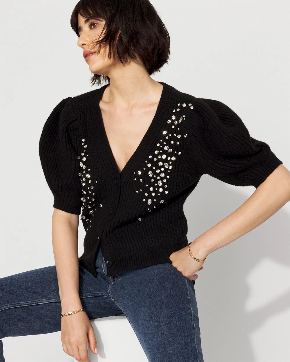 Petite Embellished Puff Sleeve Button-Front Cardigan