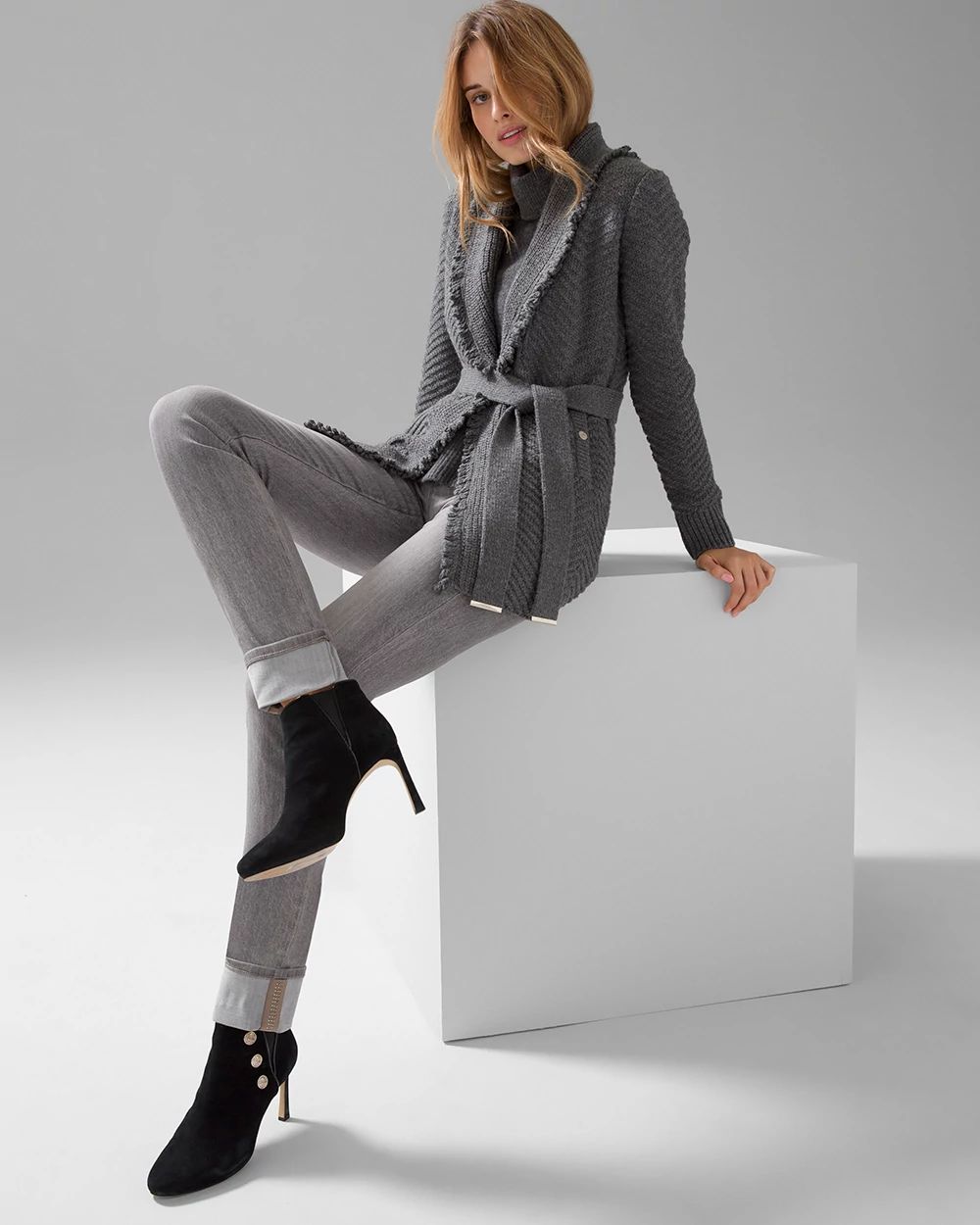 Mid-Rise Suede Trim Slim Jeans