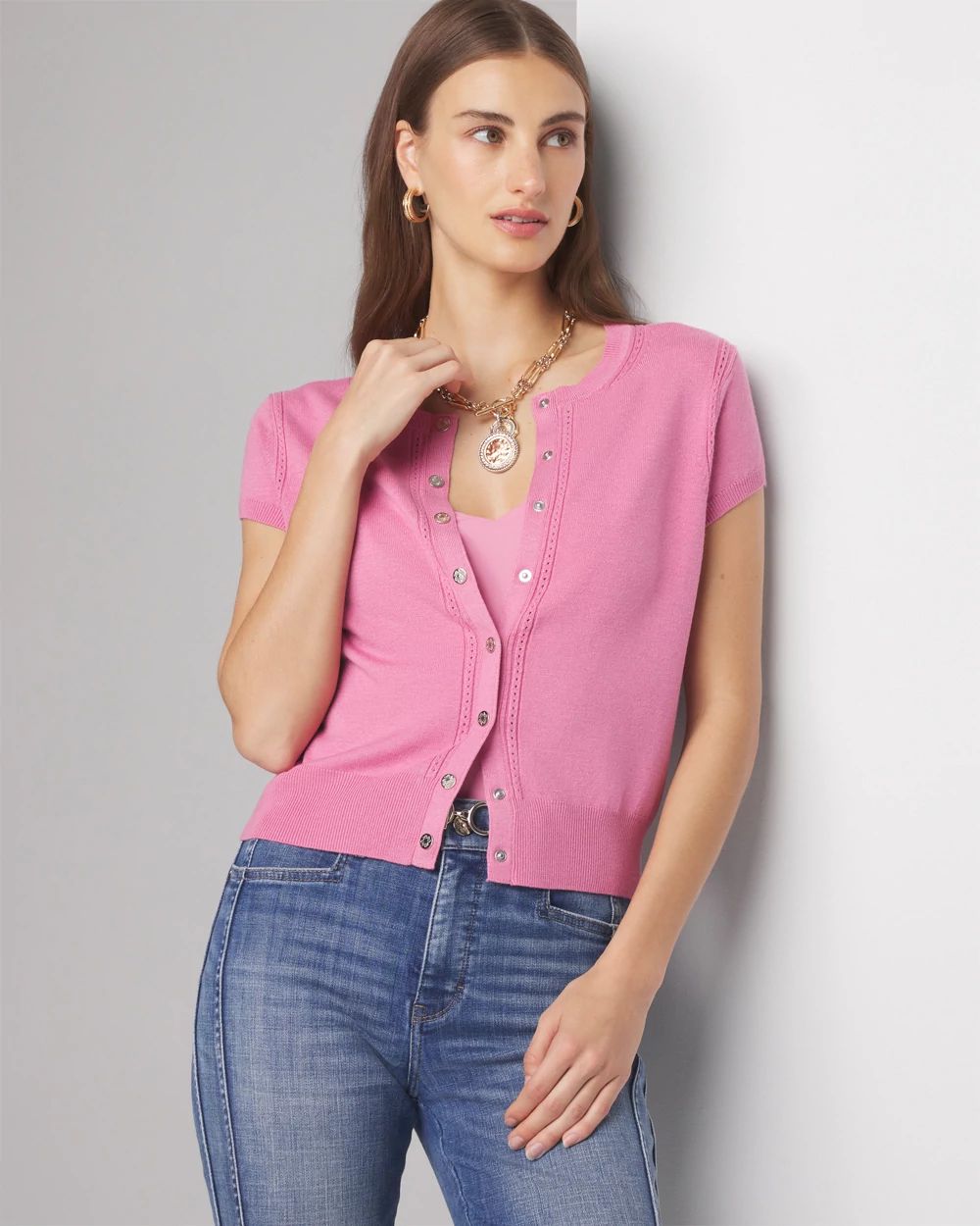 Crewneck Pointelle Cardigan Sweater