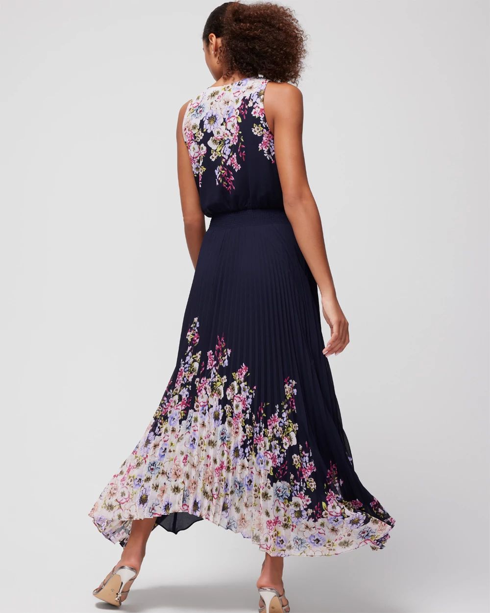 Sleeveless Smocked V-Neck Pleated Midi Dress click to view larger image.