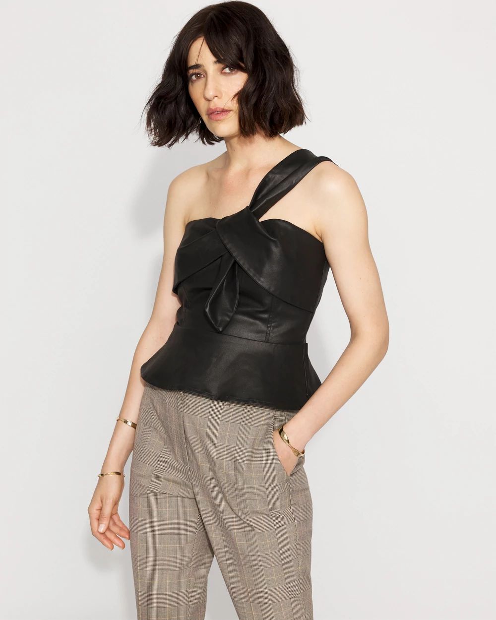 Petite One-Shoulder Faux Leather Peplum Top