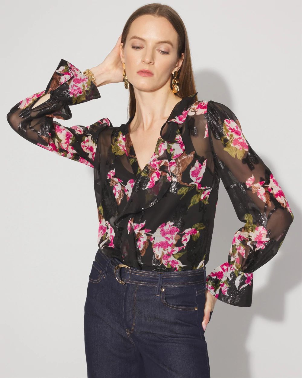 Sheer Metallic Clip Ruffle Blouse