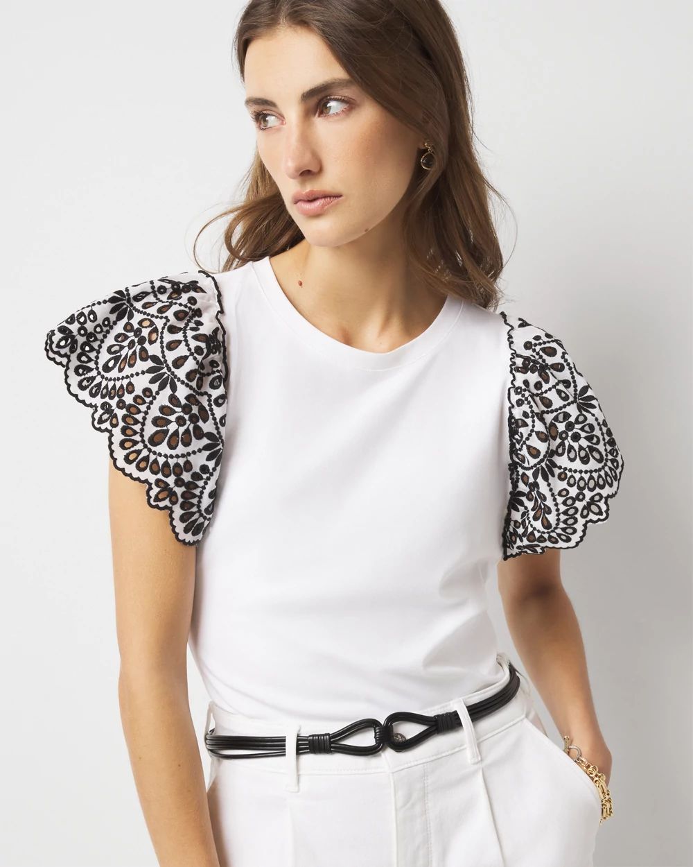 Eyelet Sleeve Crewneck Tee