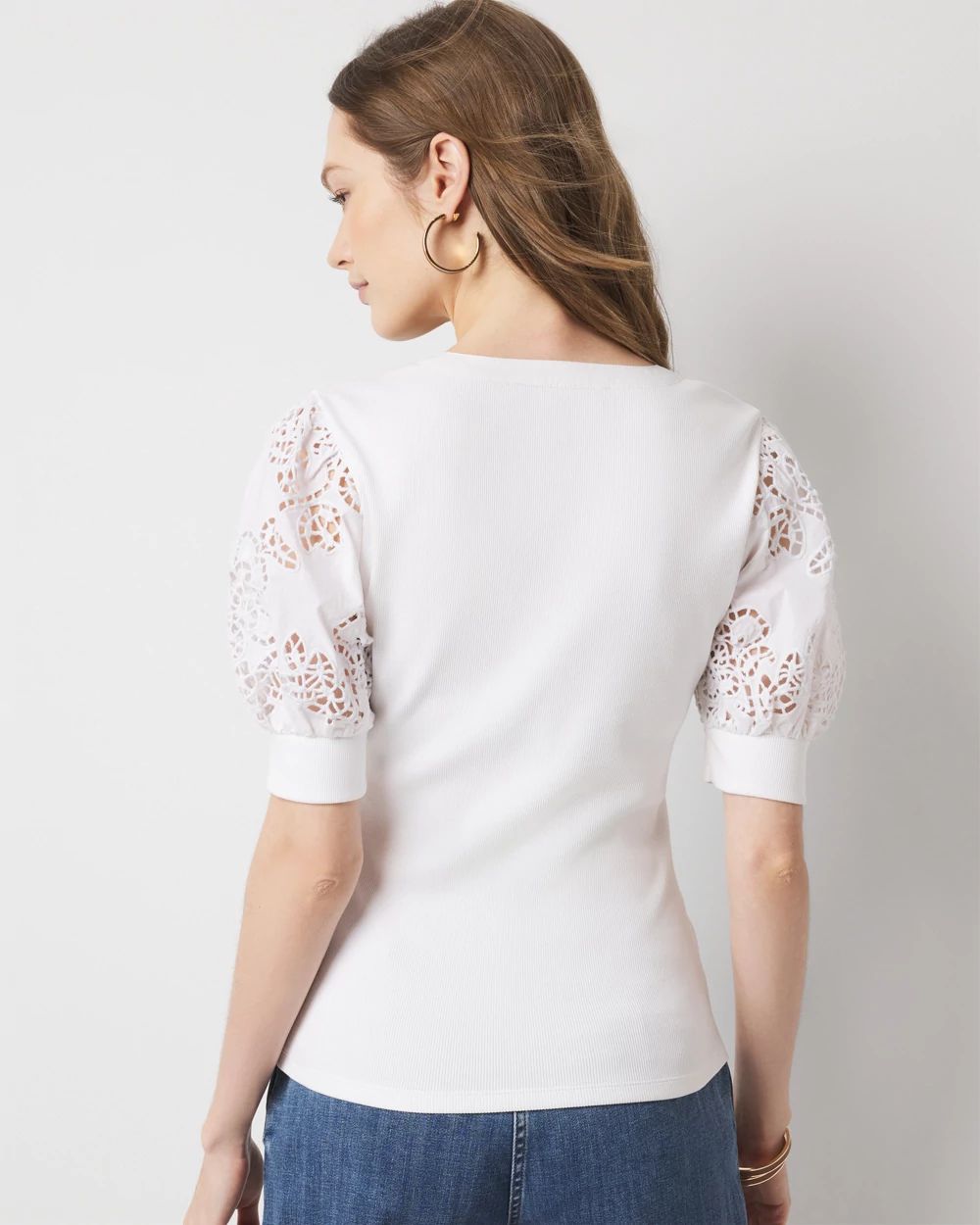 Eyelet Puff Sleeve Henley Top