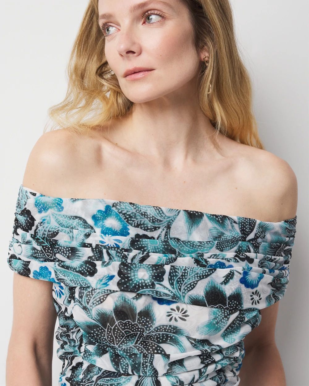 Off-the-Shoulder Ruched Mesh Top