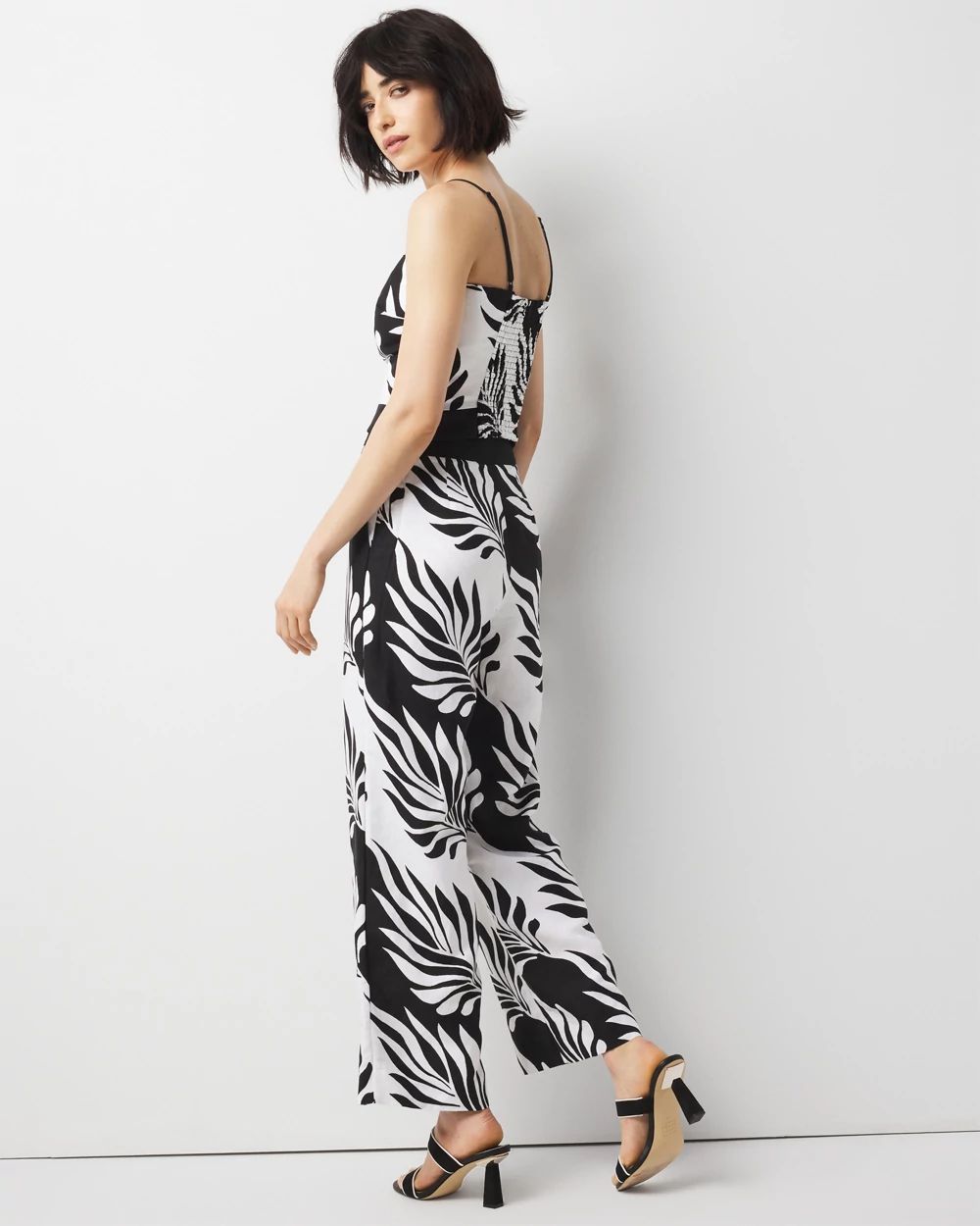 Linen-Blend Palm Print Cropped Wide Leg Pant