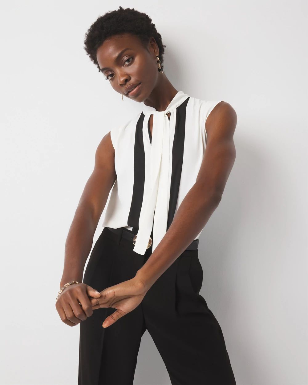 Colorblock Tie-Neck Shell