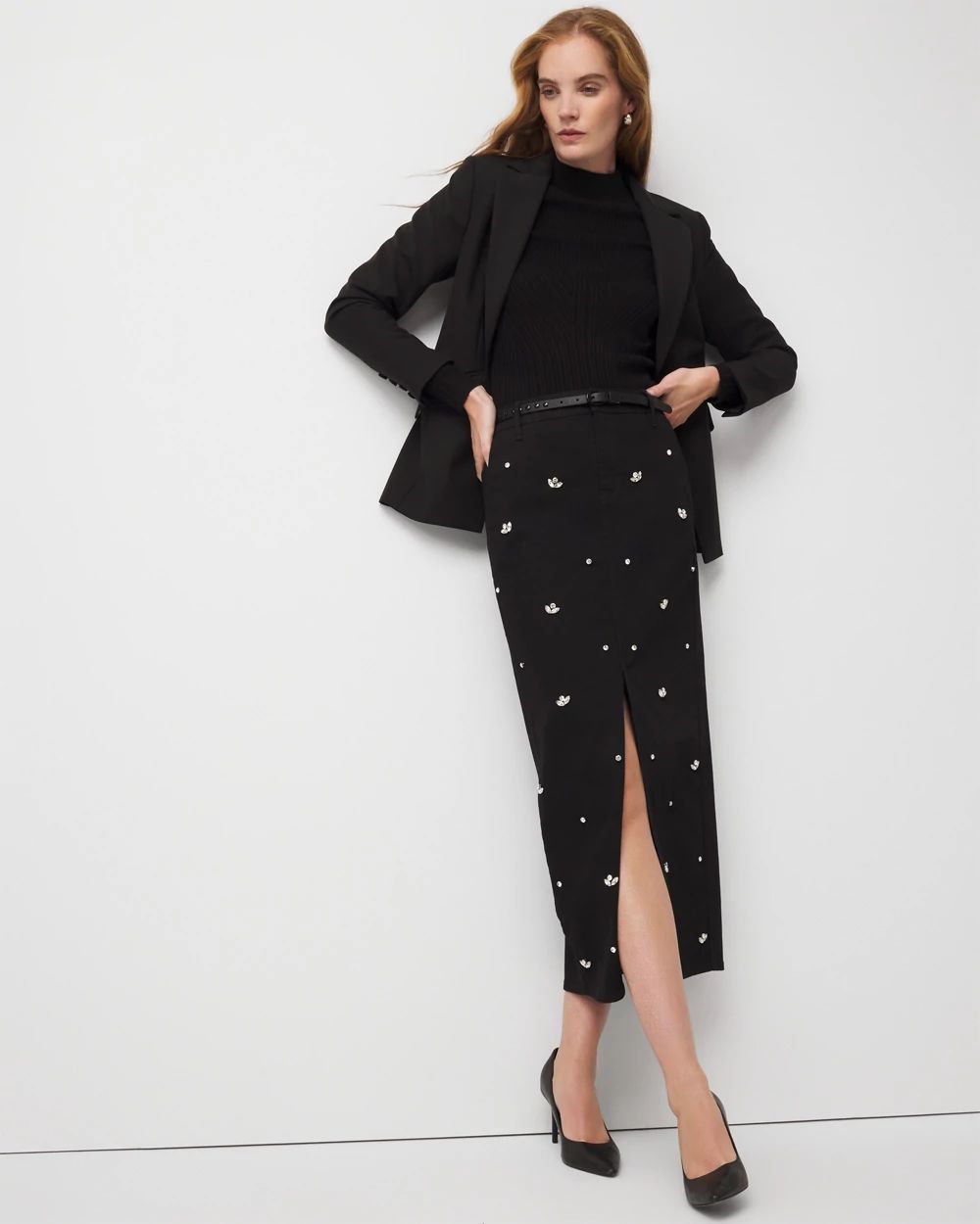 Embellished Denim Maxi Skirt