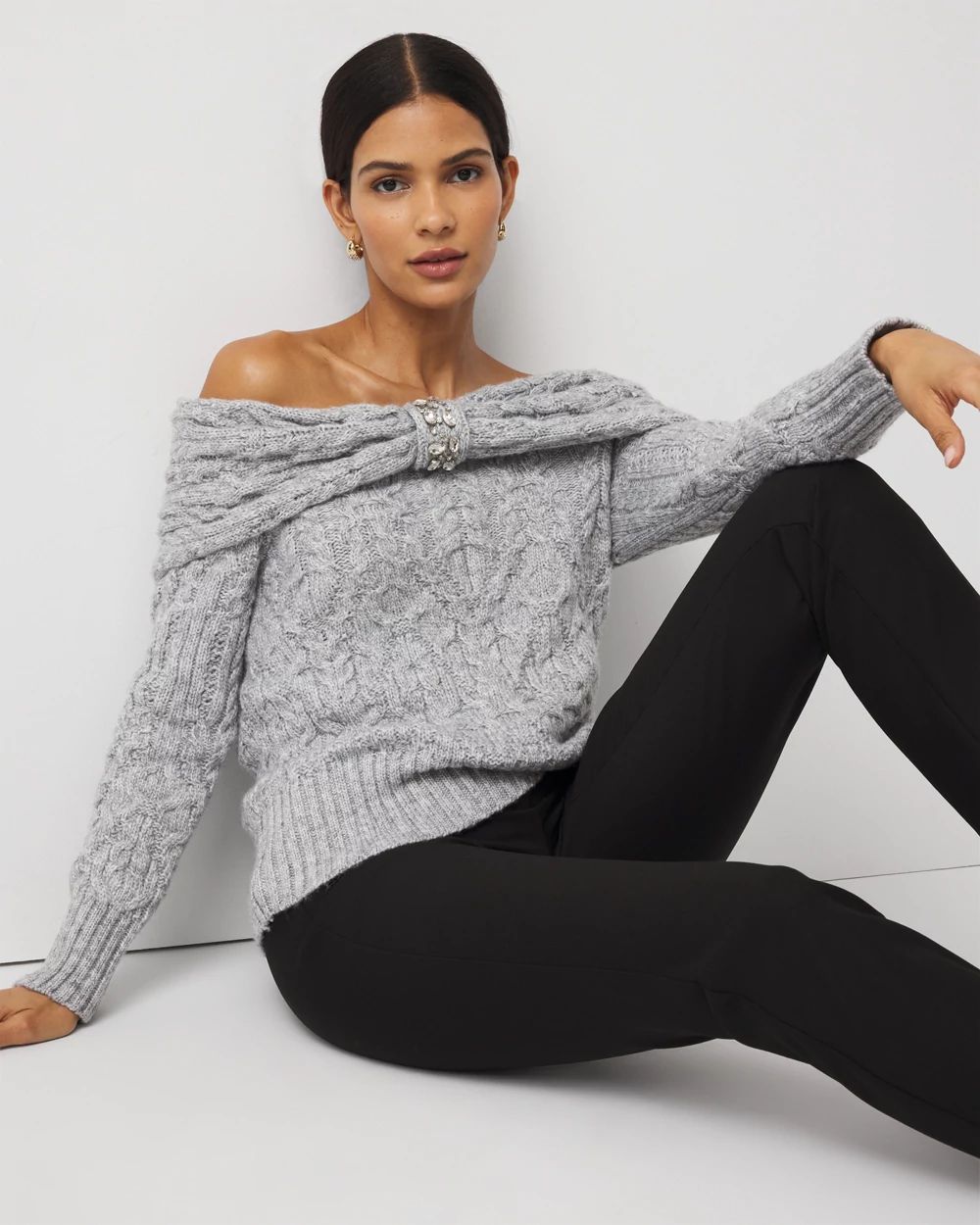 Petite Off-The-Shoulder Rhinestone Cable Knit Sweater