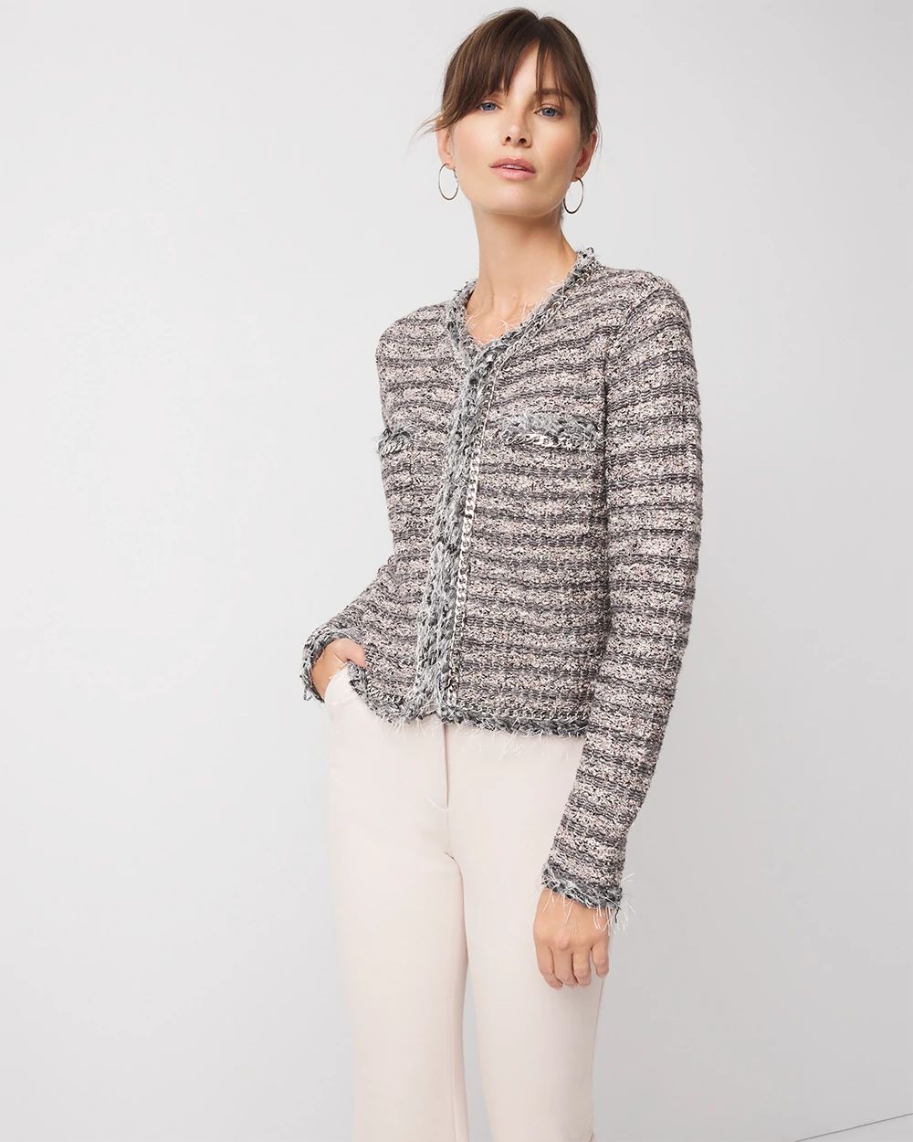 Chain-Trim Tweed Sweater Jacket