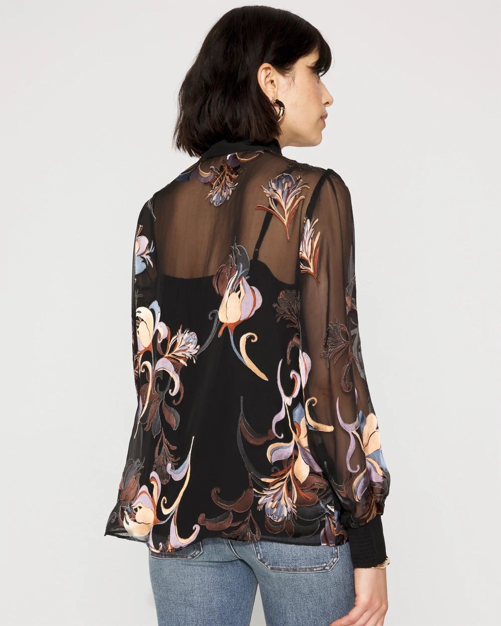 Floral Silk Burnout Tie-Neck Blouse