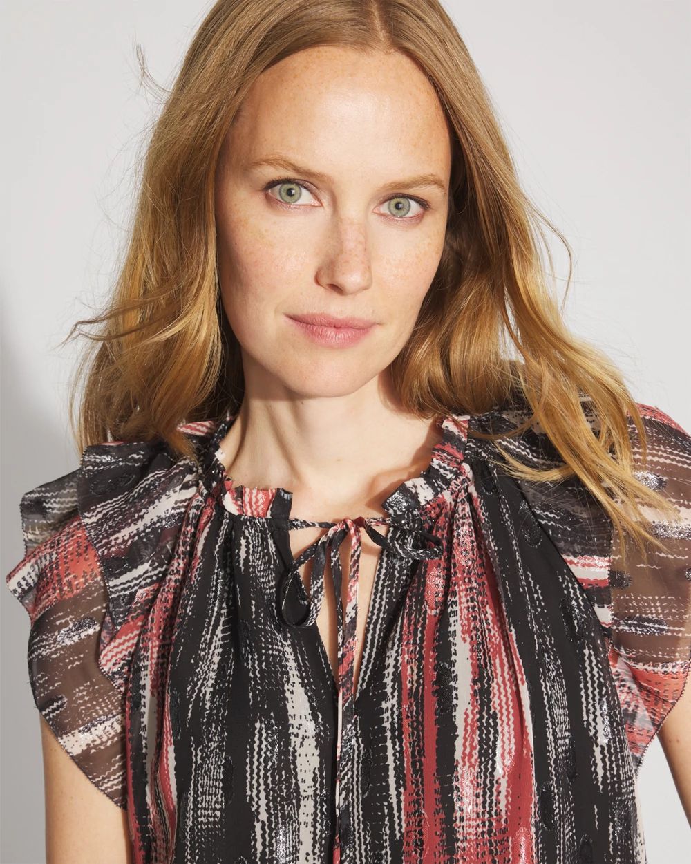 Metallic Flutter Sleeve Tie-Neck Shell