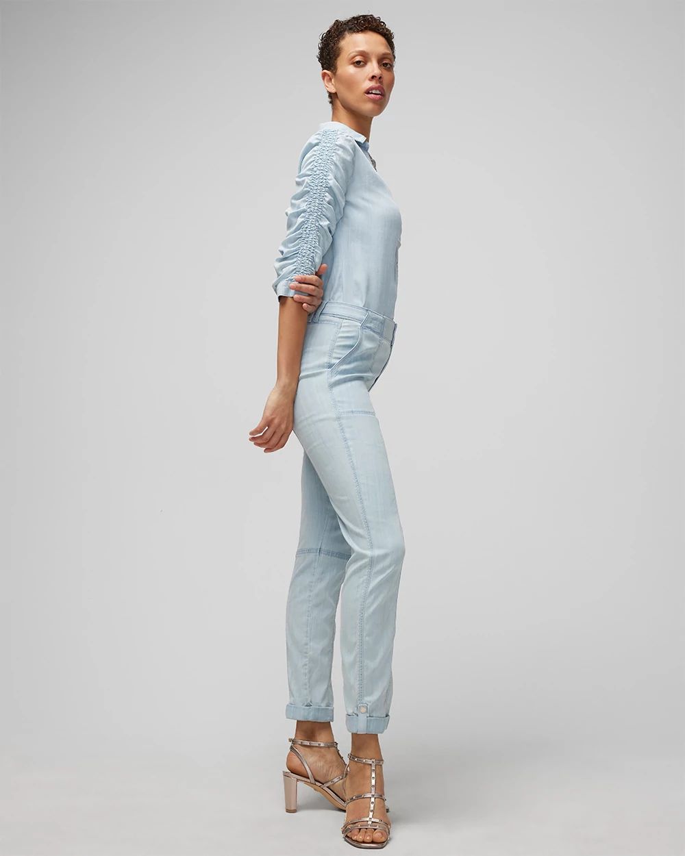 Smocked-Sleeve Denim Shirt