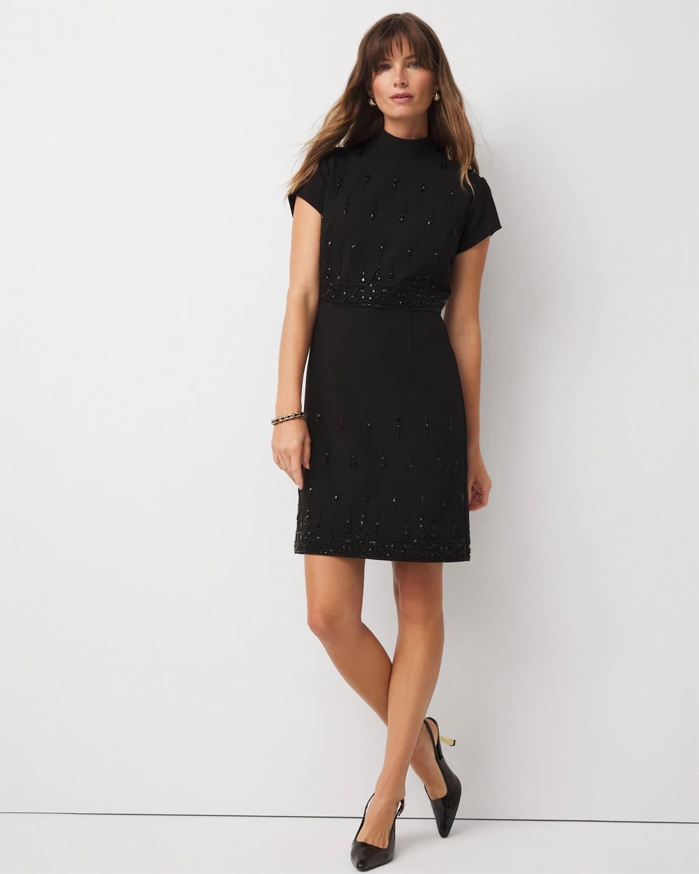 Petite Mockneck Embellished Crepe Dress