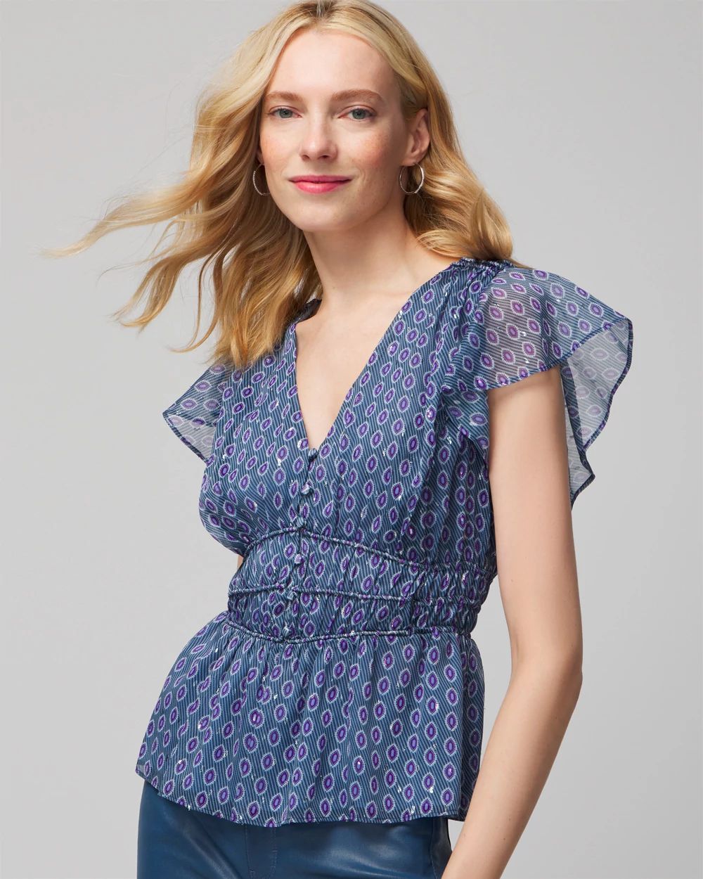 V-Neck Flutter Sleeve Shell Top