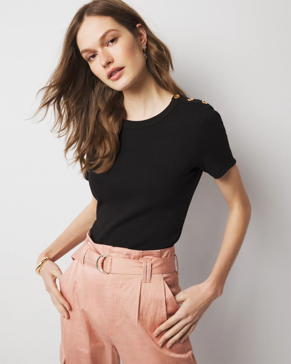 WHBM FORME™  Ribbed Stretch Button Shoulder Tee