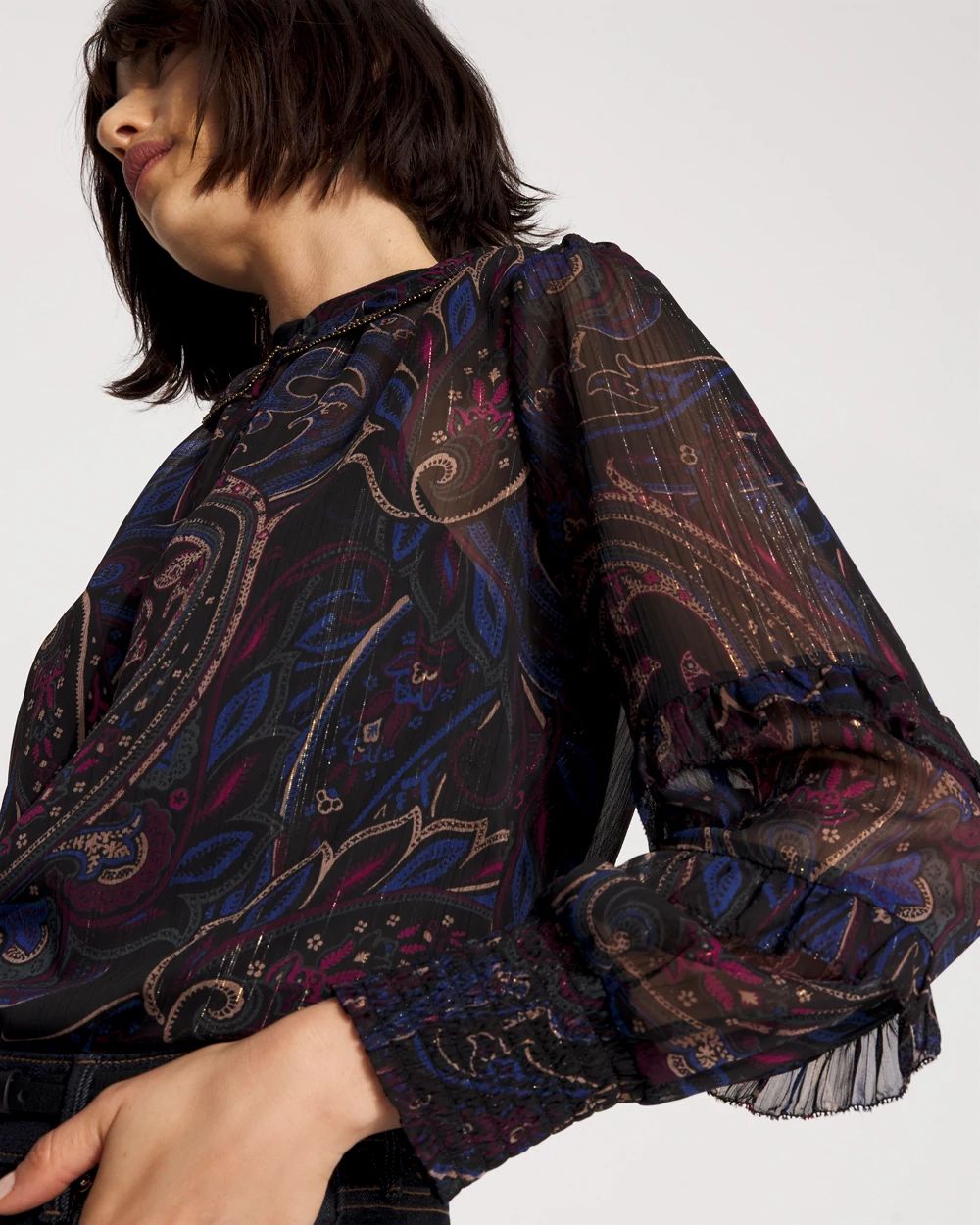 Jacquard Ruffle Sleeve Chiffon Blouse