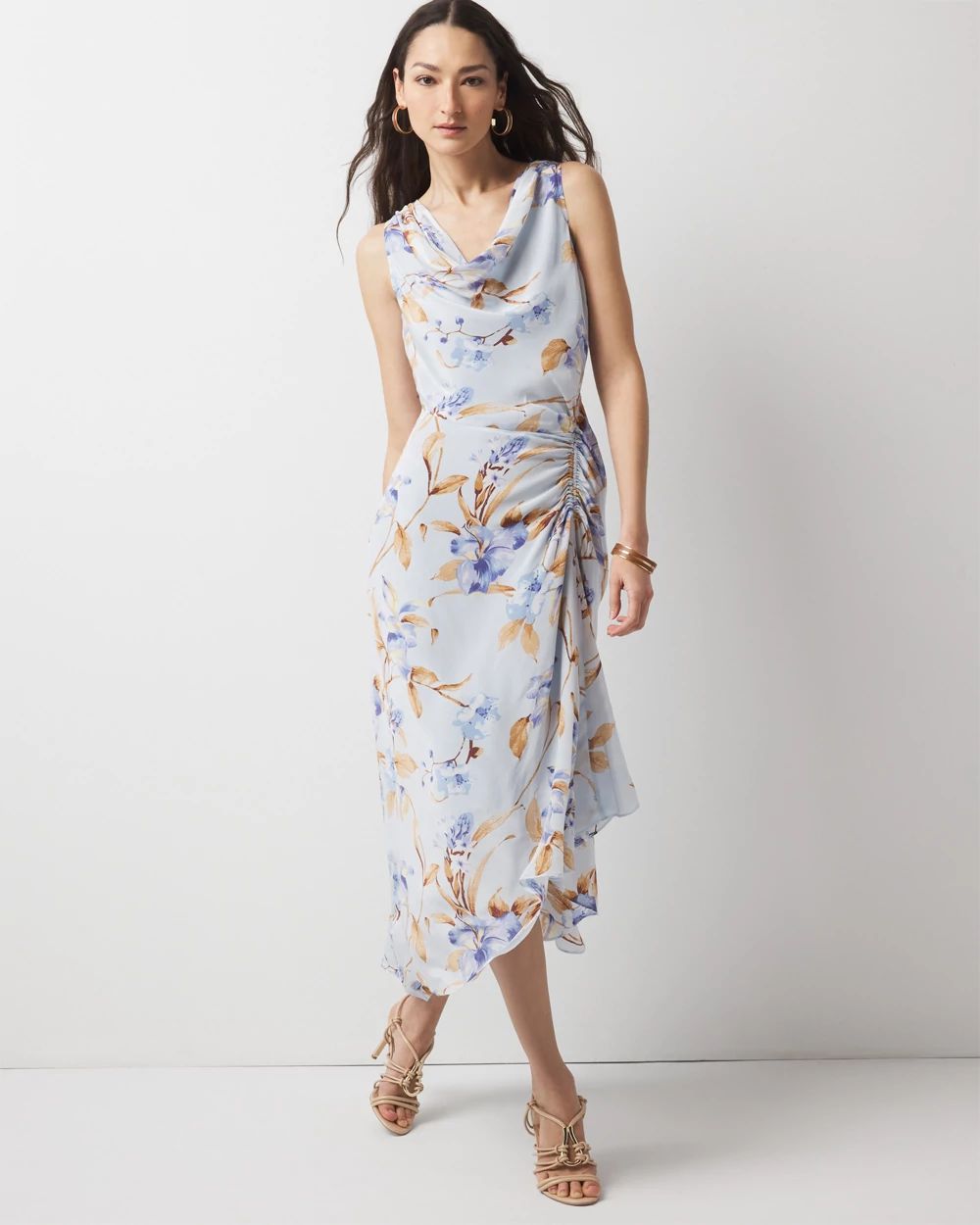 Cowl Neck Ruched Midi Dress