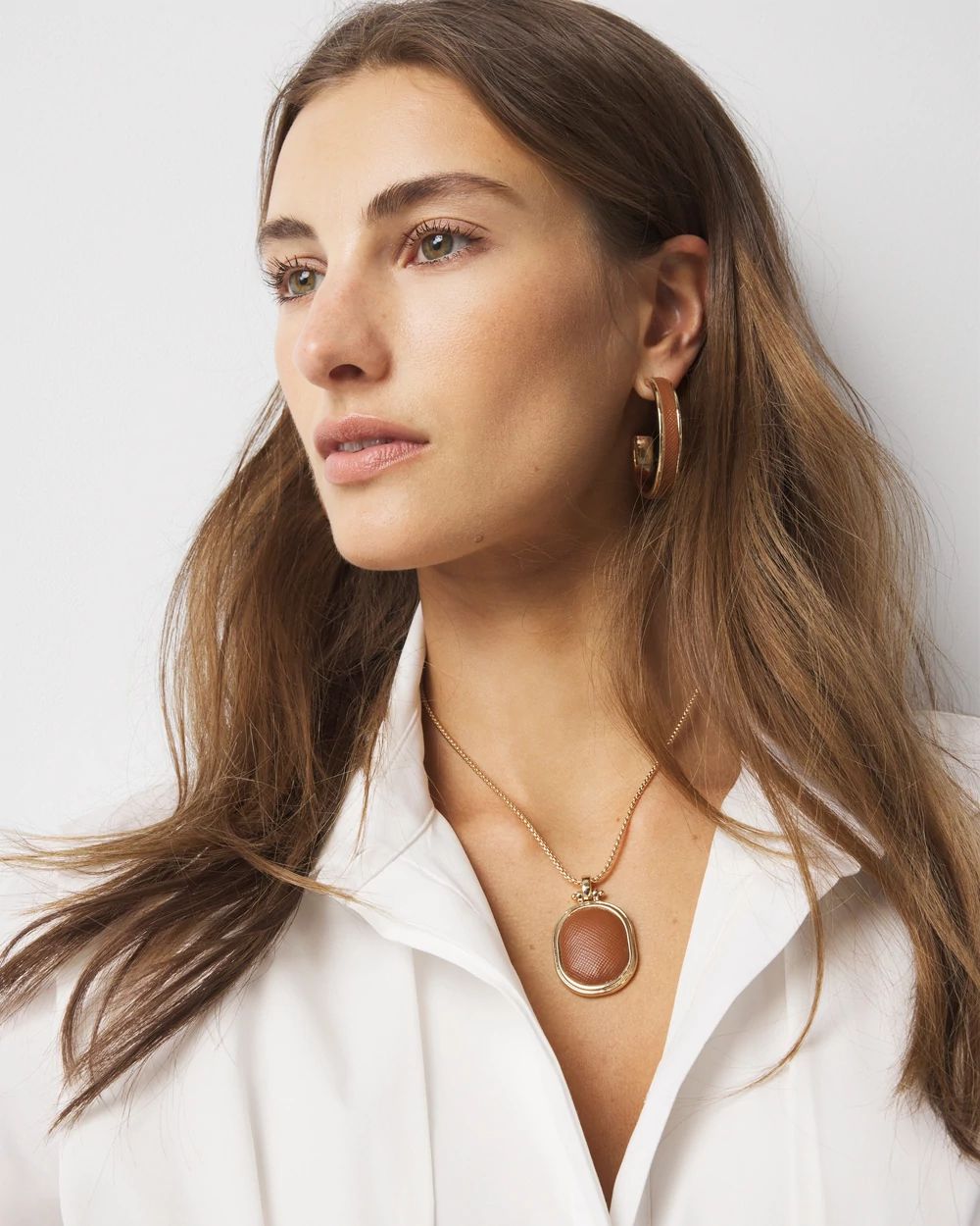 Cognac Textured Leather Pendant Necklace