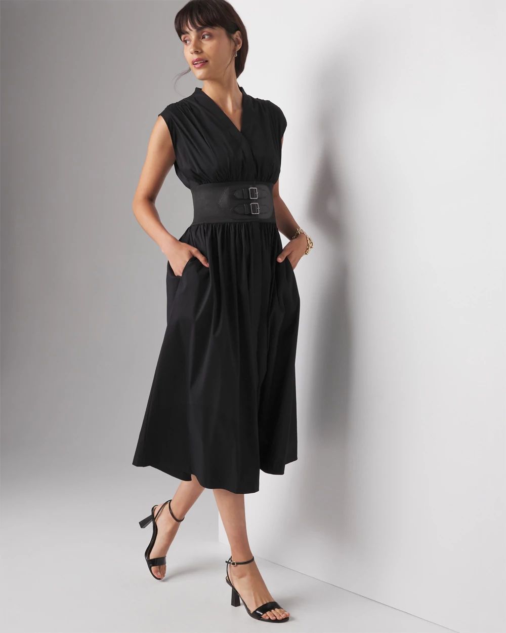 Cap Sleeve Belted Poplin Midi Dress