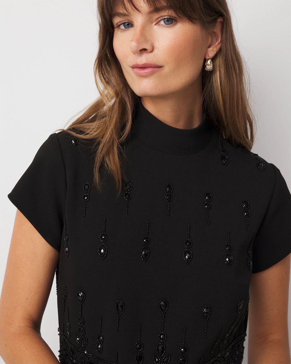 Mockneck Embellished Crepe Dress