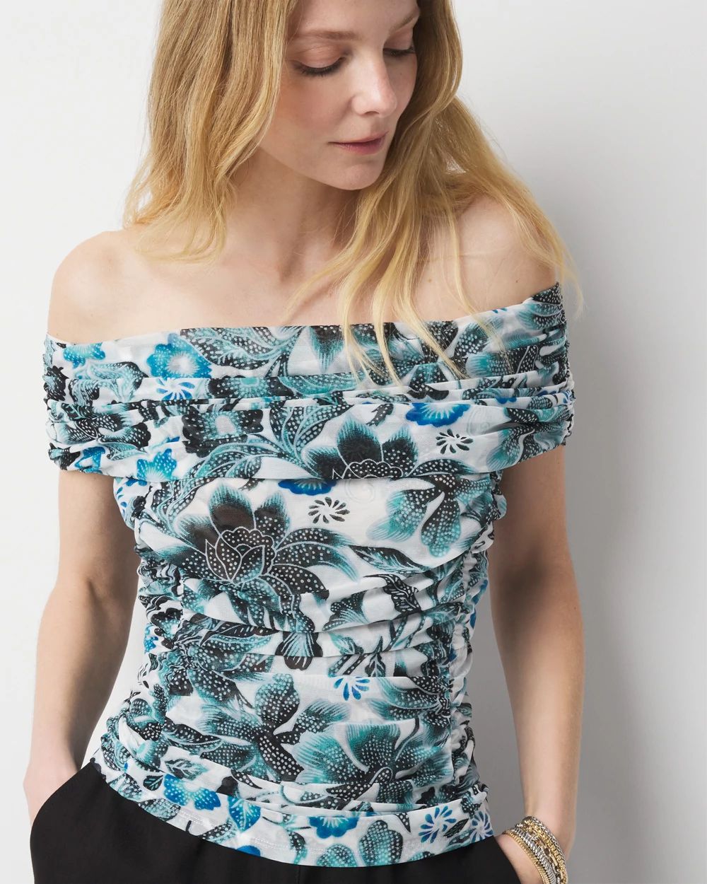 Off-the-Shoulder Ruched Mesh Top