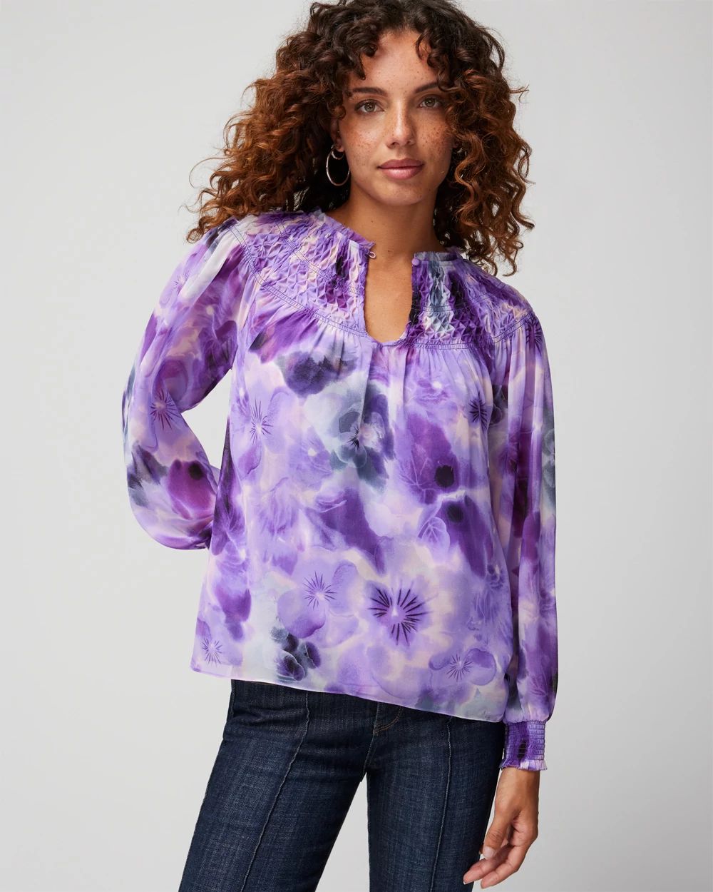 Long Sleeve Smocked Printed Blouse