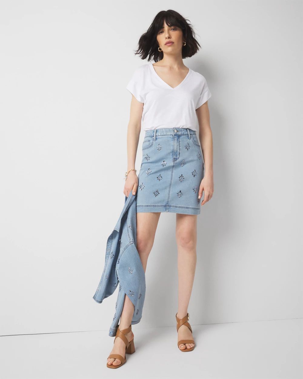 Embellished Denim A-Line Mini Skirt