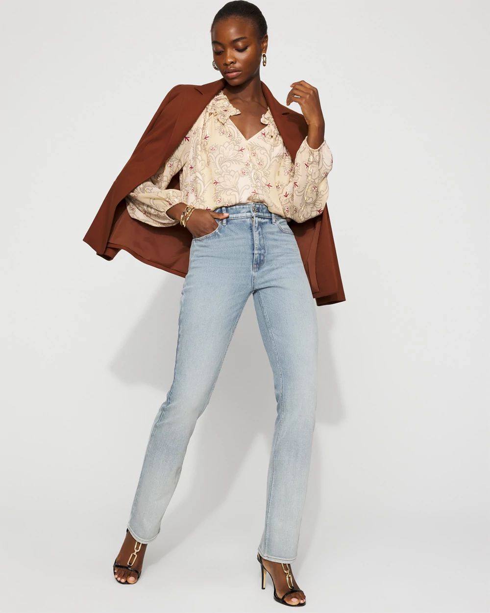 Floral Ruffle Neck Blouse with Gold Clip