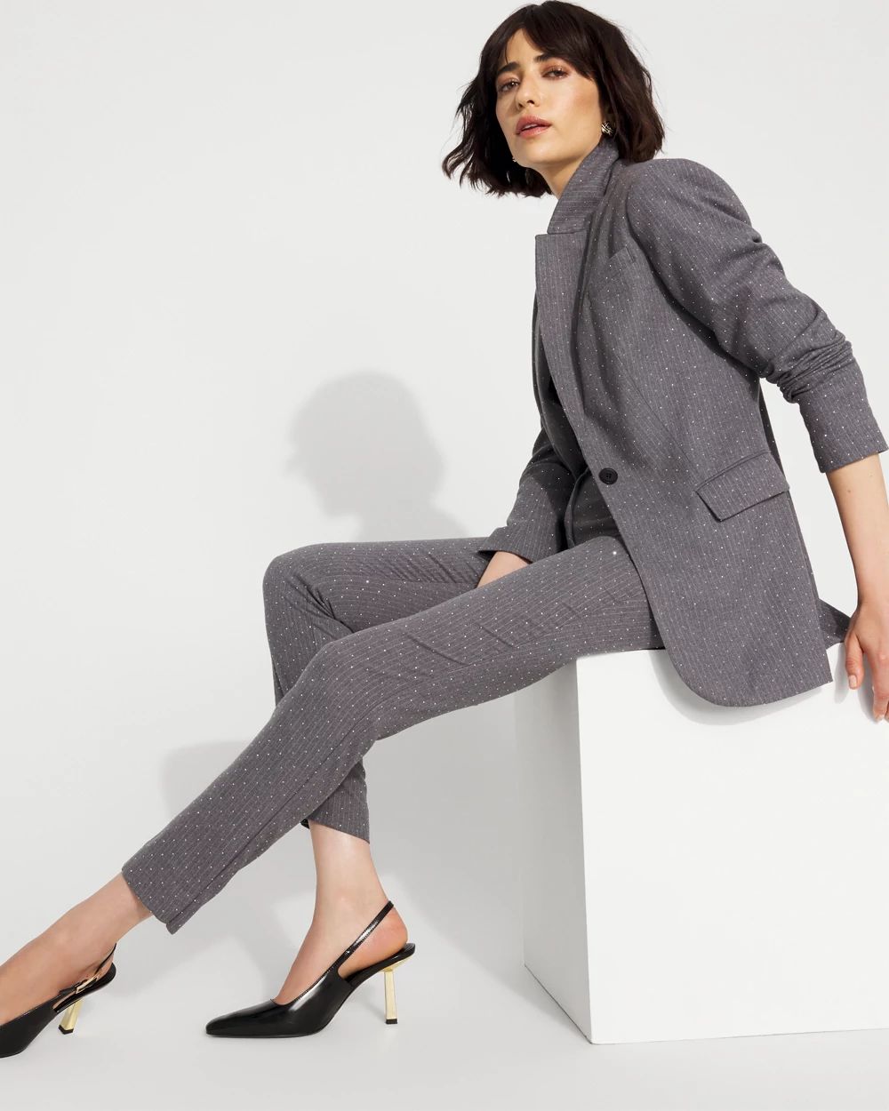 Embellished Pinstripe Relaxed One-Button Blazer