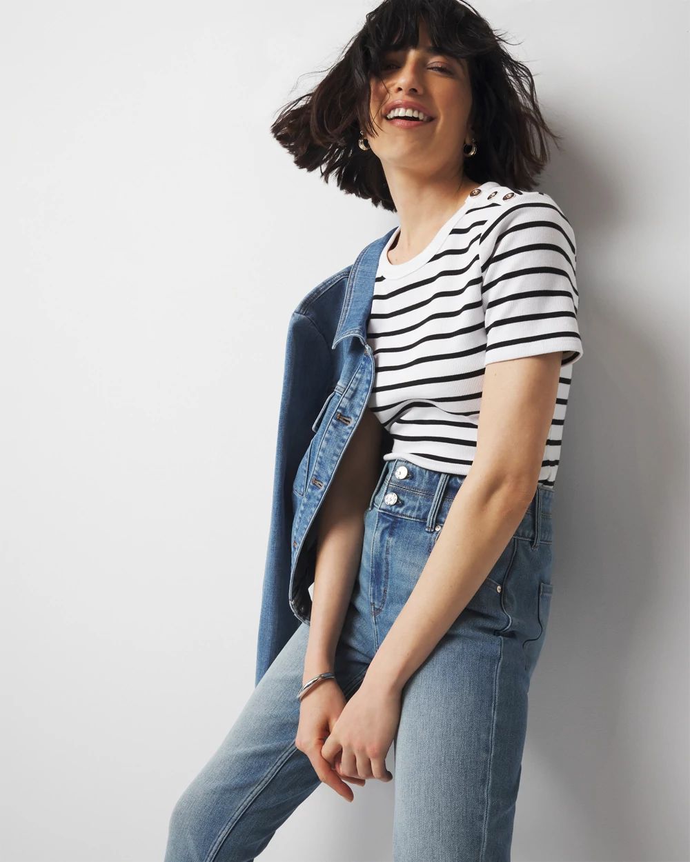 WHBM FORME™ Ribbed Stretch Button Shoulder Tee