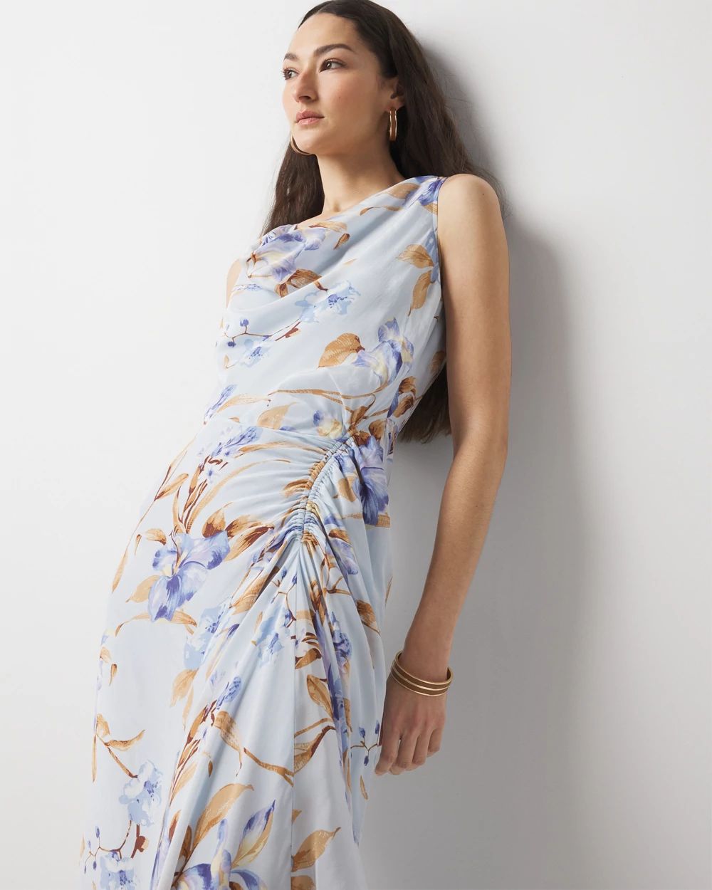 Cowl Neck Ruched Midi Dress