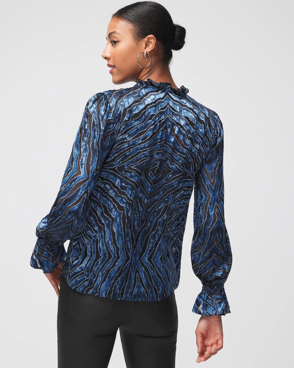 Long Sleeve Silk Burnout Tie Blouse