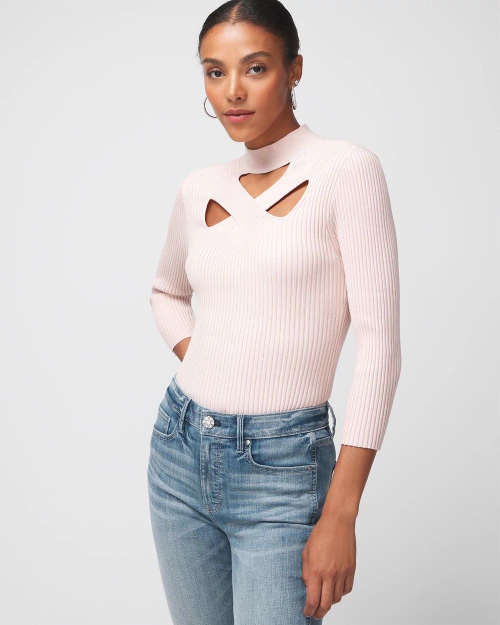 3/4 Sleeve Cutout Mockneck Pullover