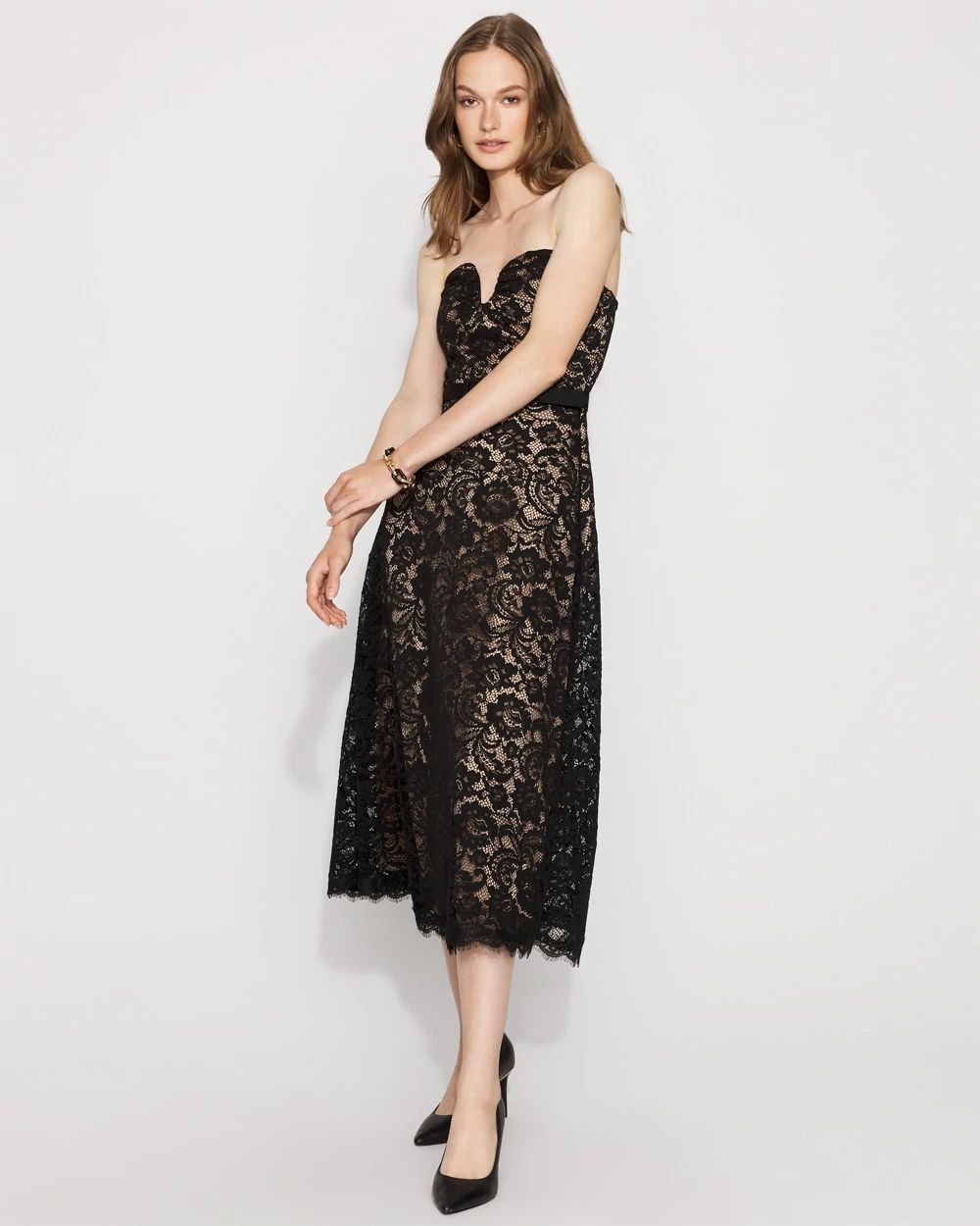 Petite Strapless Lace Midi Dress