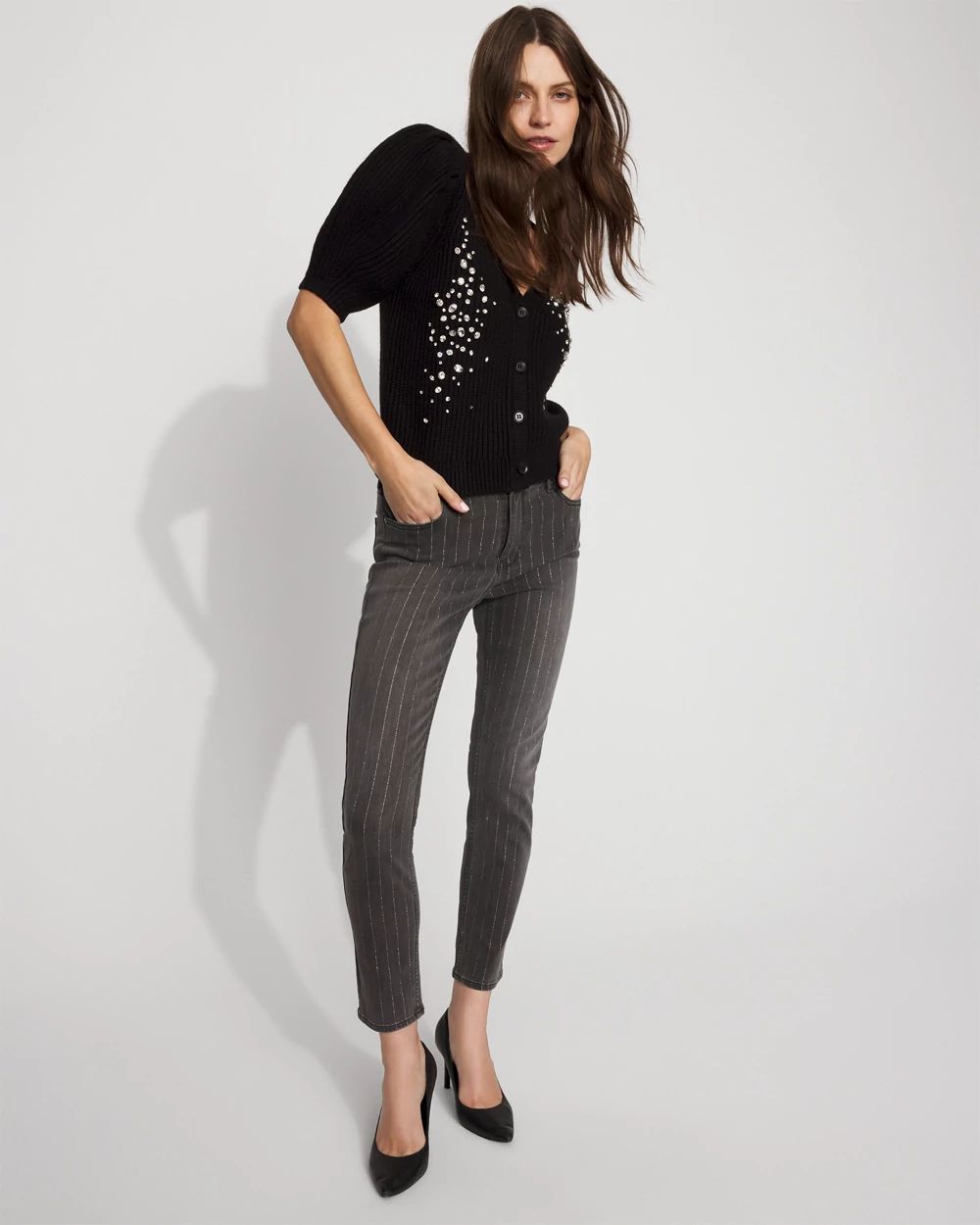 Lurex Pinstripe Mid-Rise Skinny Jean