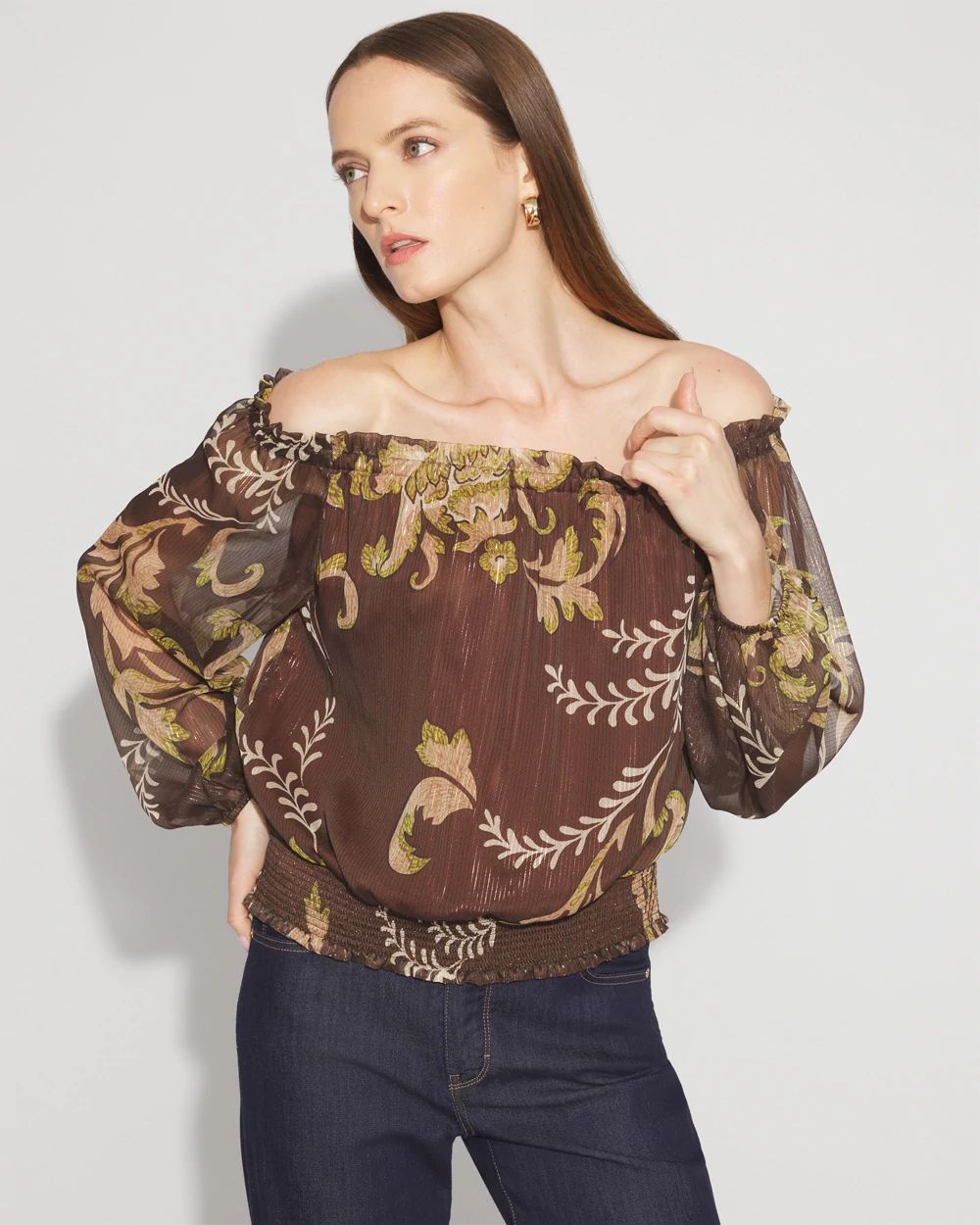 Off-the-Shoulder Floral Chiffon Blouse
