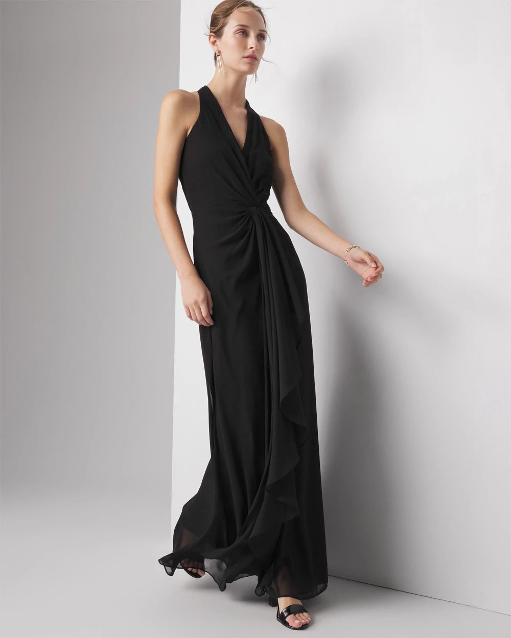 Sleeveless V-Neck Draped Maxi Gown
