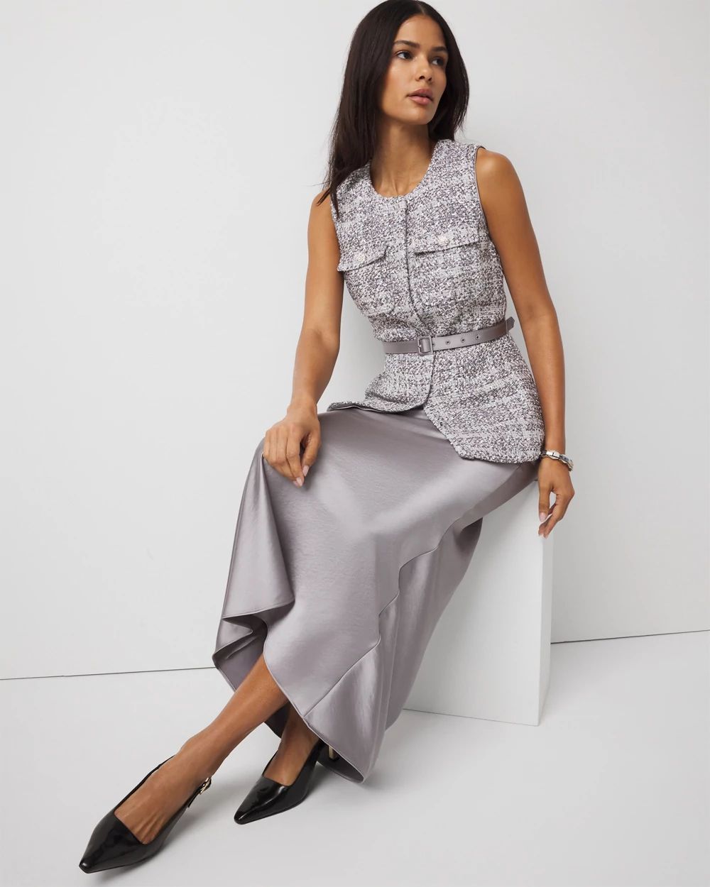 Petite Tweed Vest + Satin Maxi Skirt