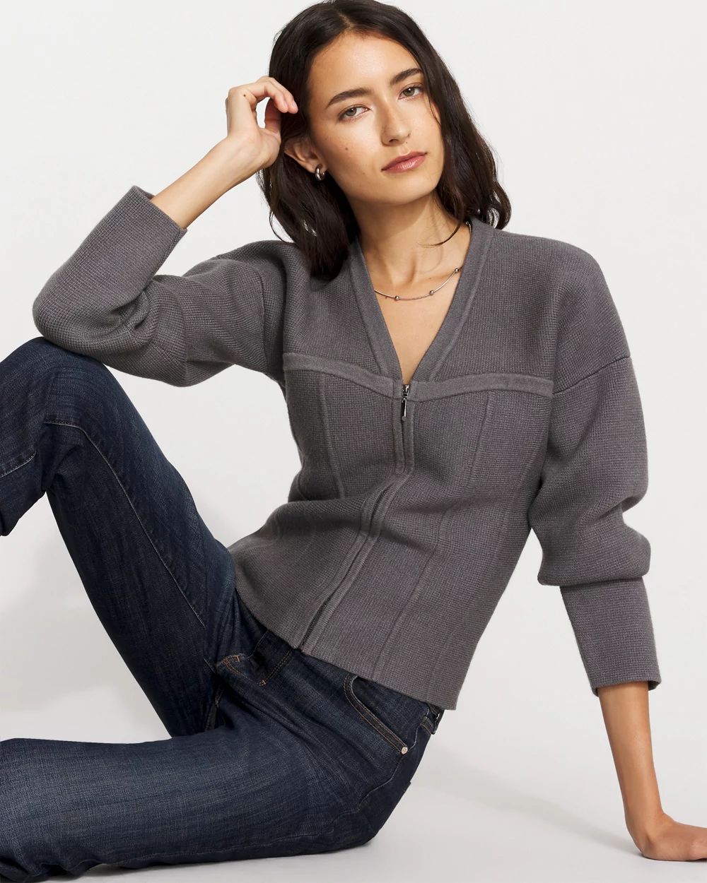 Corset Detail Zip-Up Sweater Jacket