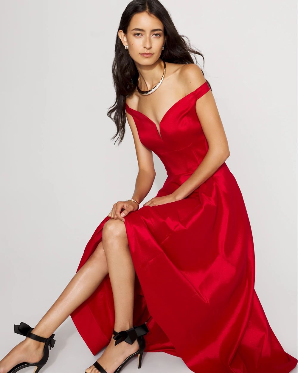 Petite Off-The-Shoulder Stretch Taffeta Midi Dress