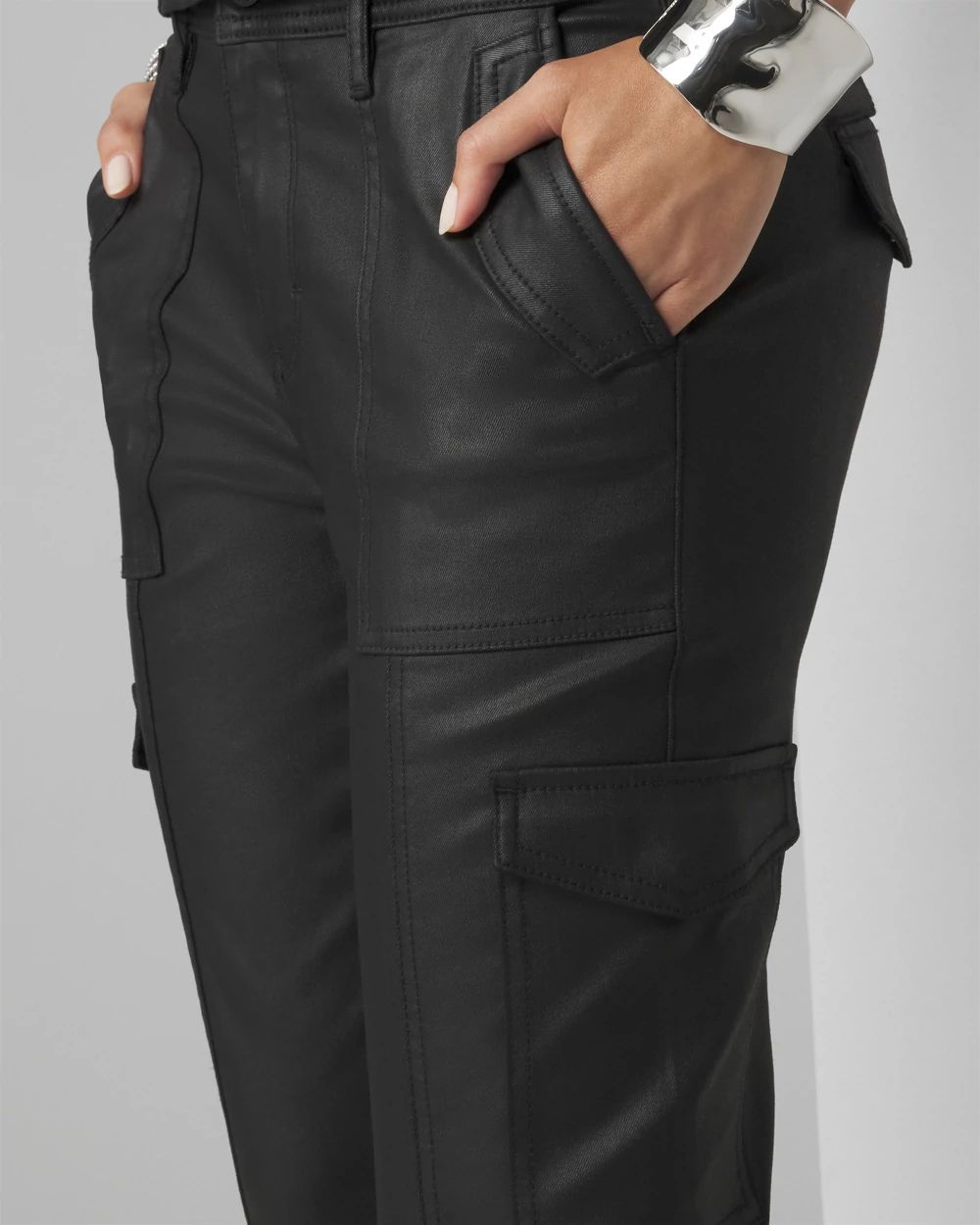 Petite Mid-Rise Tapered Cargo Coated Jeans click to view larger image.