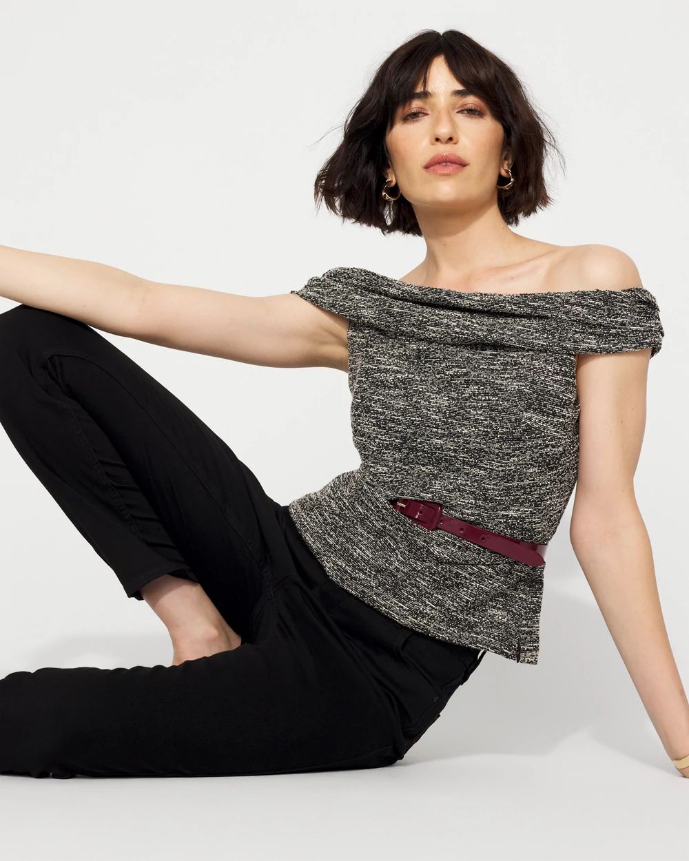 Tweed Off-The-Shoulder Knit Top