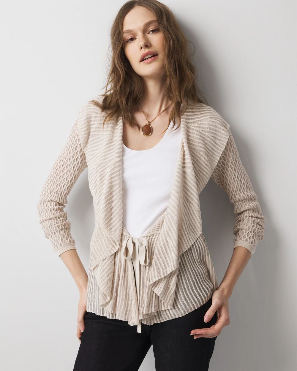 Long Sleeve Pointelle Peplum Sweater Cardigan