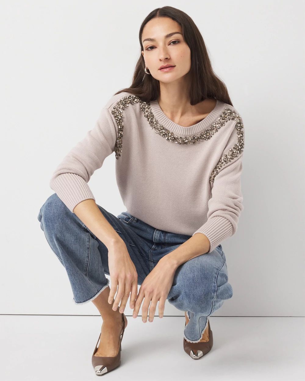 Petite Rhinestone Crewneck Sweater