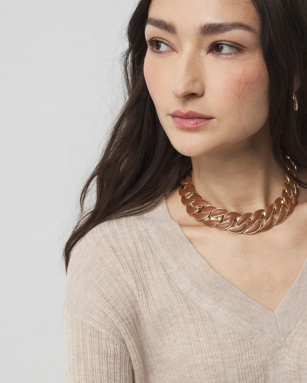 Cognac Textured Leather Link Necklace