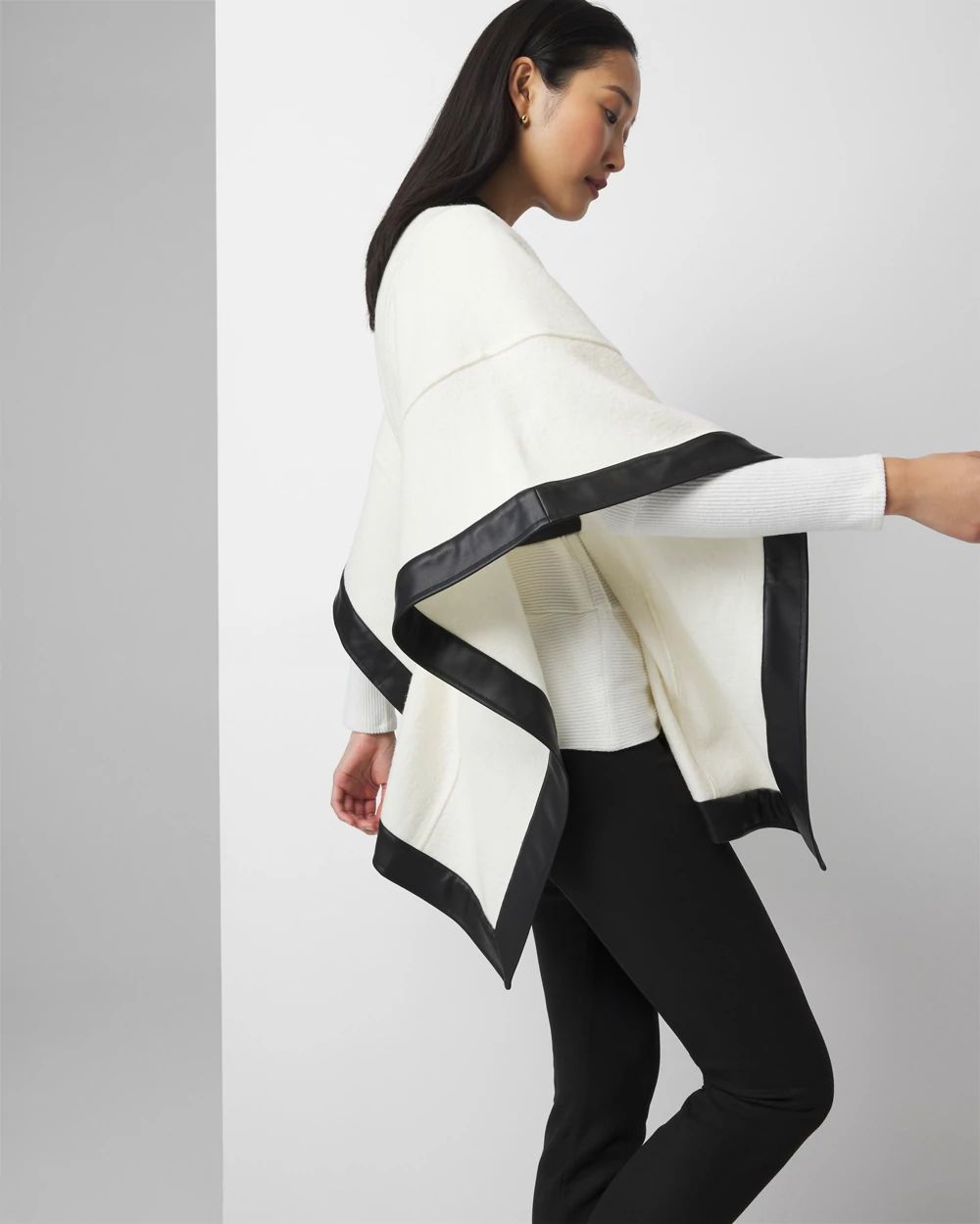 Wool Blend Ruana with Faux Leather Trim