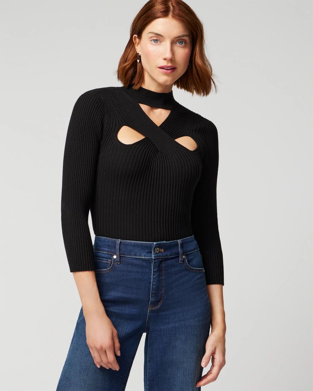 3/4 Sleeve Cutout Mockneck Pullover